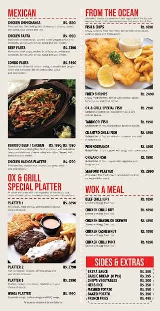 Ox & Grill Steakhouse menu