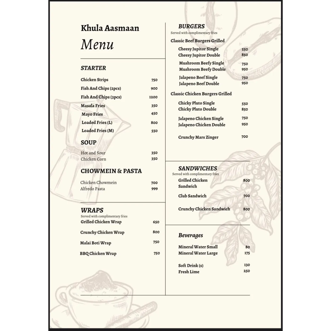 KHULA AASMAN Restaurant And Cafe menu