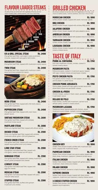 Ox & Grill Steakhouse menu