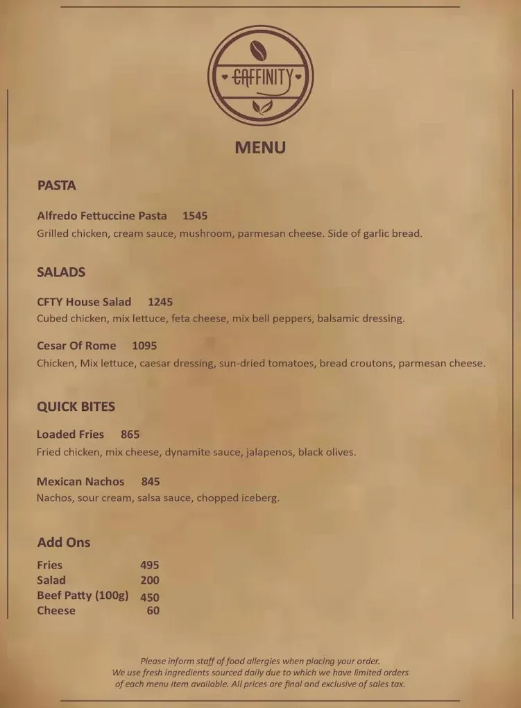 Caffinity menu