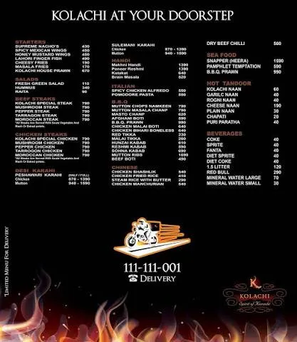 Kolachi Restaurant menu