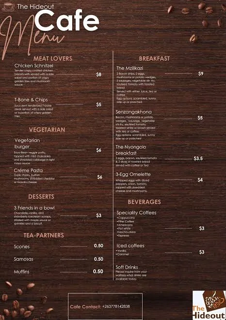 Hideout Cafe rooftop menu