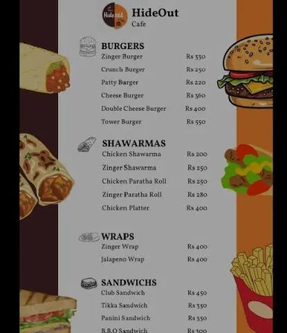 Hideout Cafe rooftop menu