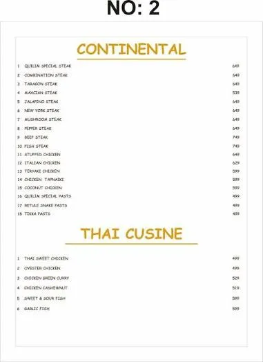 Quilim Restaurant menu