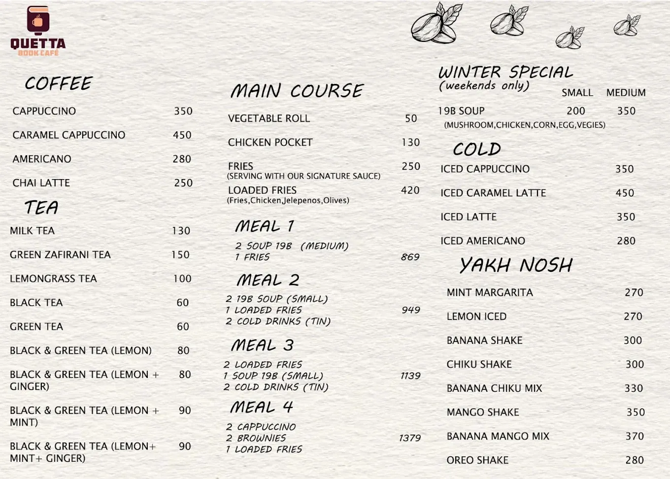 Quetta Book Cafe menu