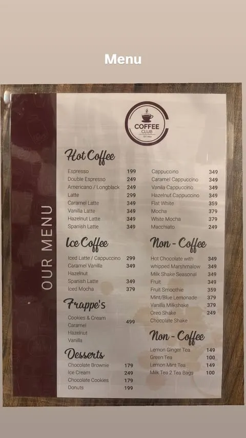 Coffee club menu