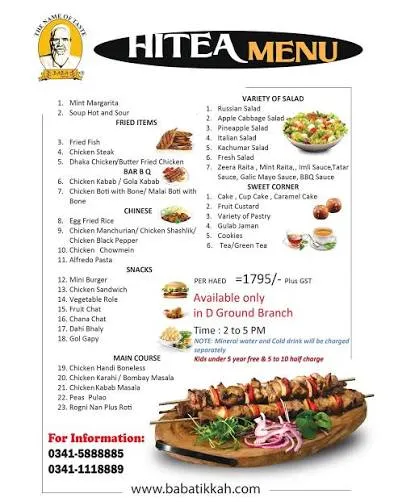 Baba Tikkah Canal Road Branch menu