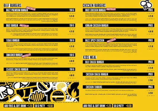 Buzz Burgers menu
