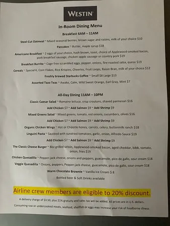 West Inn Hotel menu