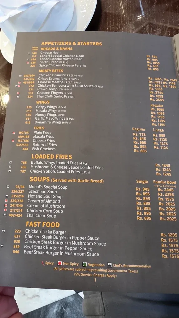 The Monal Rawalpindi menu