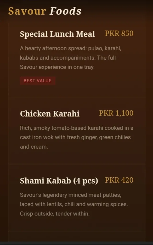 Savour Foods menu