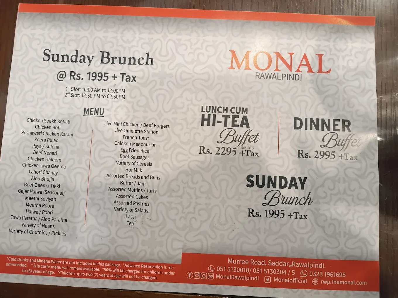 The Monal Rawalpindi menu