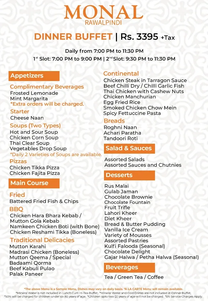 The Monal Rawalpindi menu