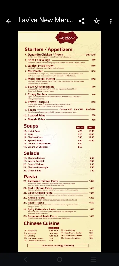 Laviva menu