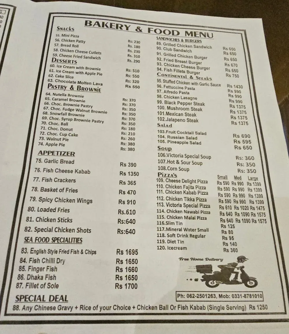 Victoria Lounge cafe and Bakers menu